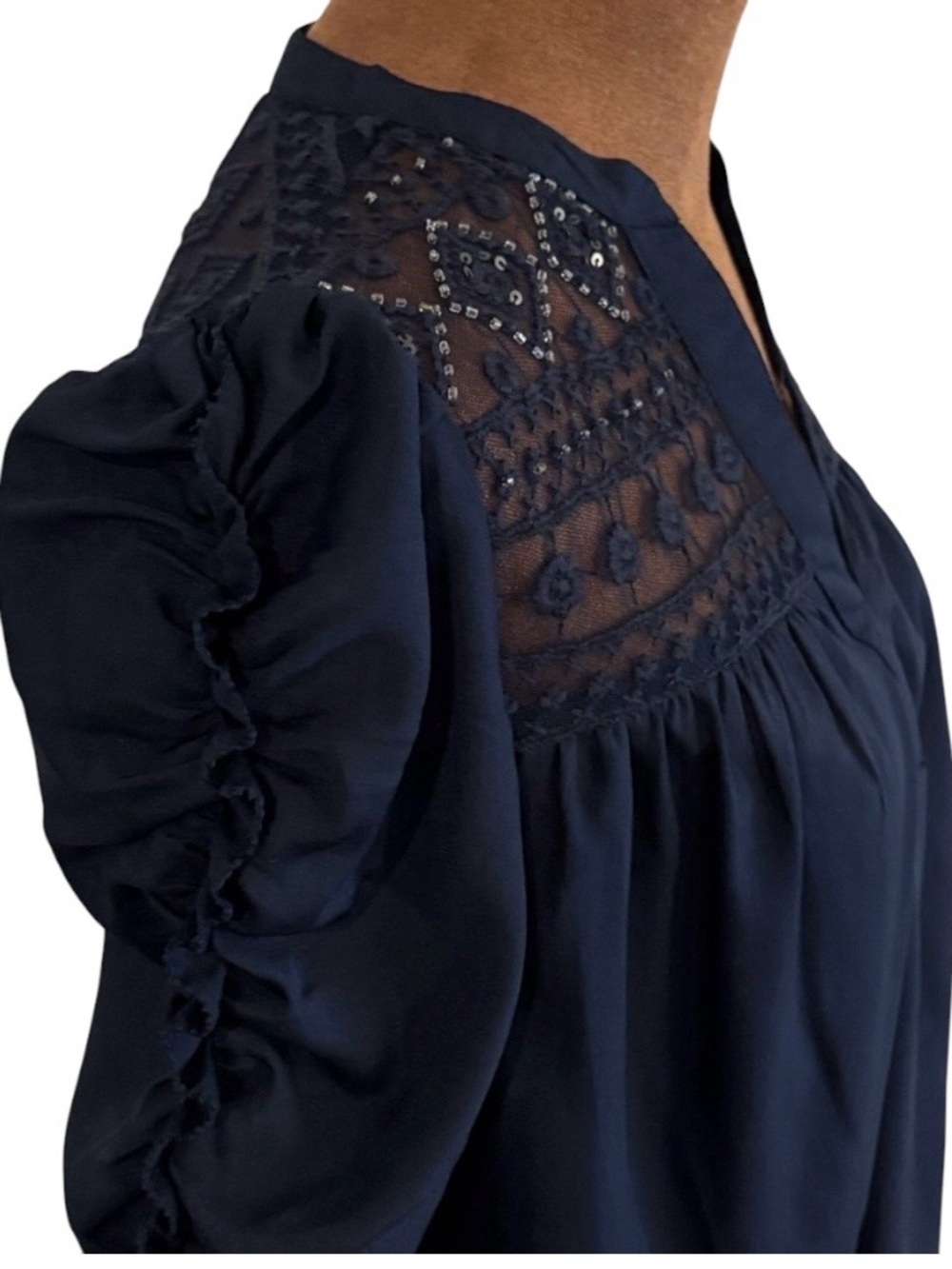 Calligraphie Navy Lace Sequin Ruched Sleeve Blouse XS